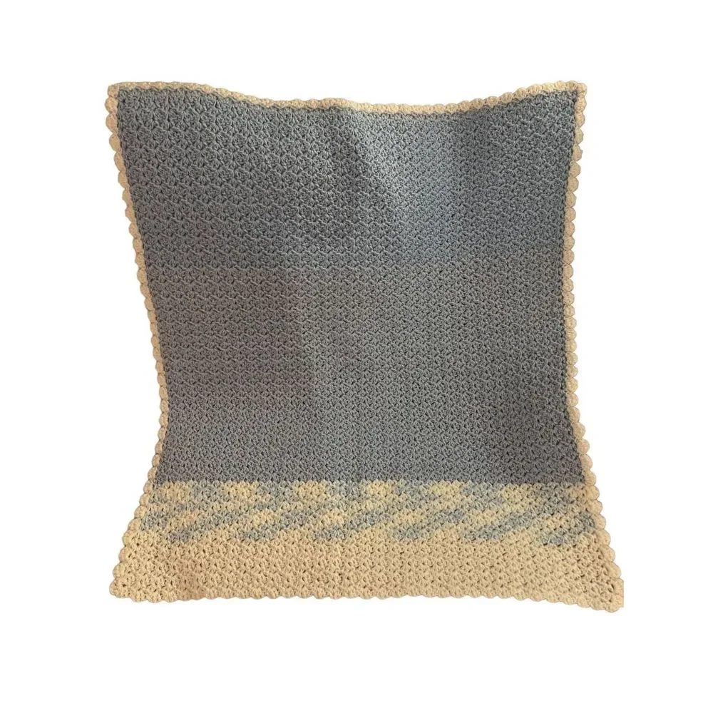 Handmade Knit Crochet Baby Blanket Pastel Blue White Lap Blanket Size 30”‎ X 35”